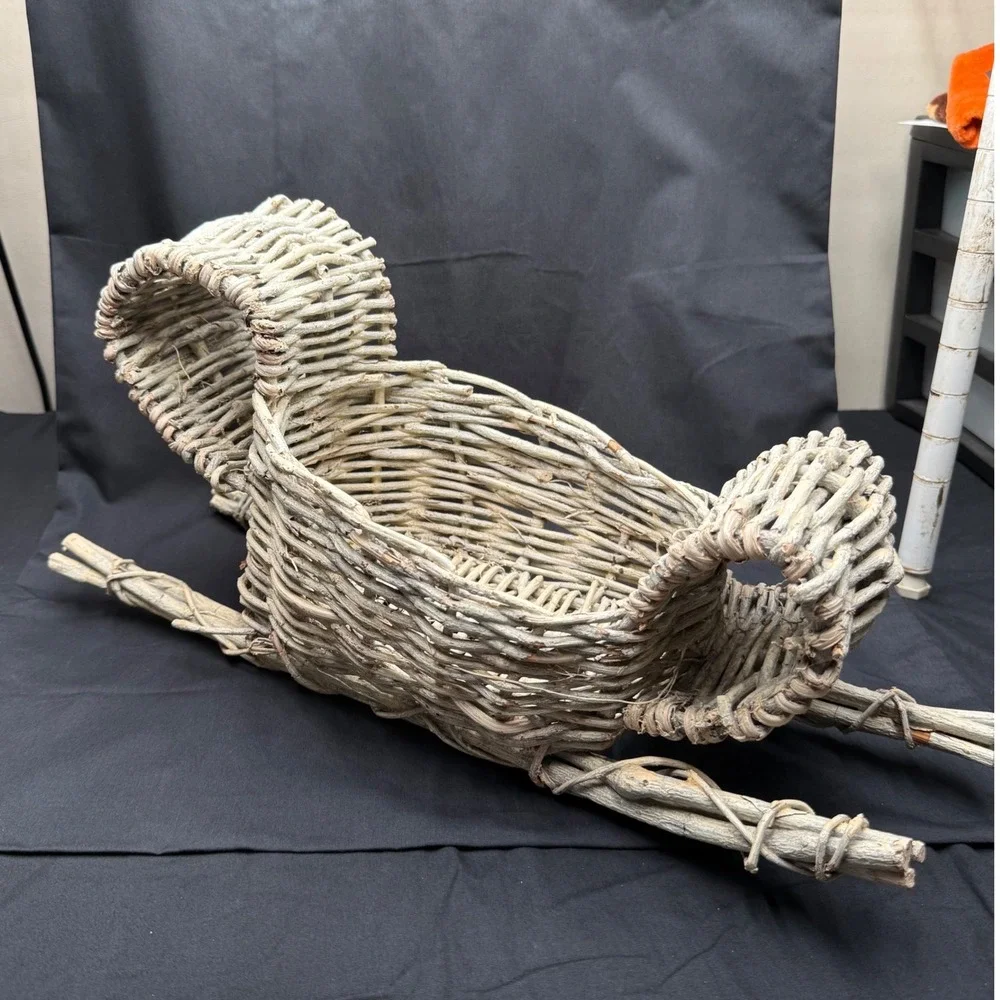Rustic Wicker Sleigh Basket Christmas Decor Weathered Gray Twig Centerpiece 17in
